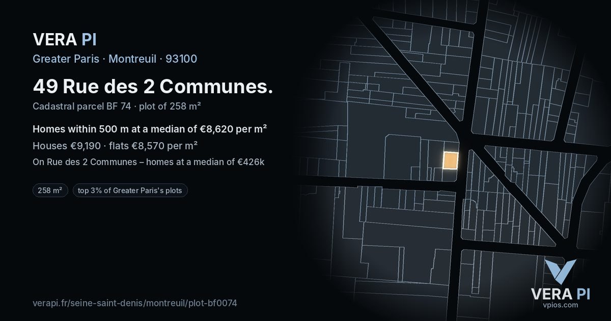 49 Rue des 2 Communes, Montreuil at night – the plot lit, the parcels around coloured by the prices near them