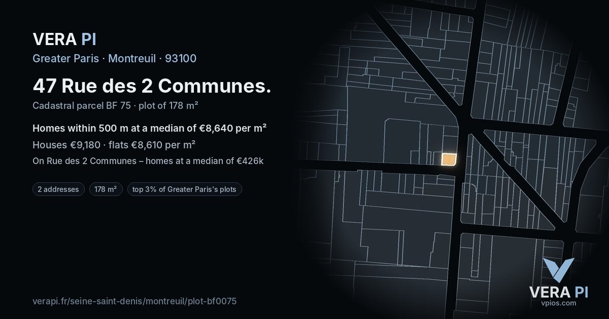 47 Rue des 2 Communes, Montreuil at night – the plot lit, the parcels around coloured by the prices near them