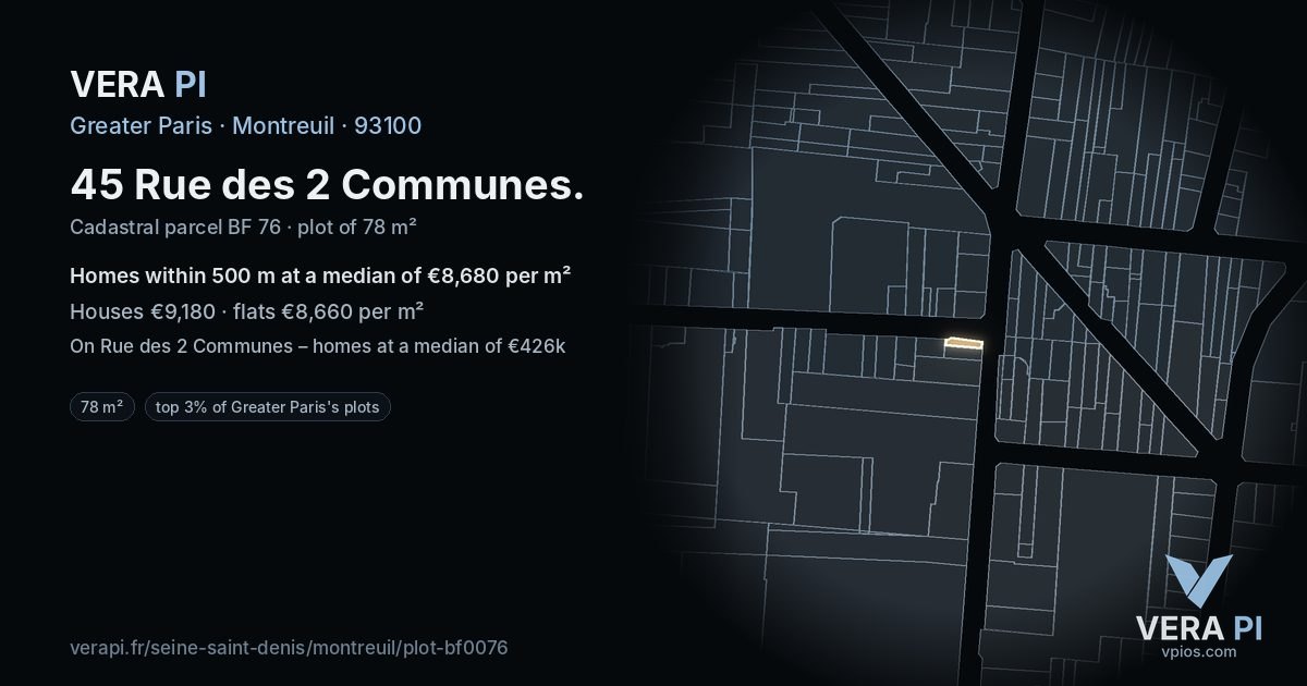 45 Rue des 2 Communes, Montreuil at night – the plot lit, the parcels around coloured by the prices near them