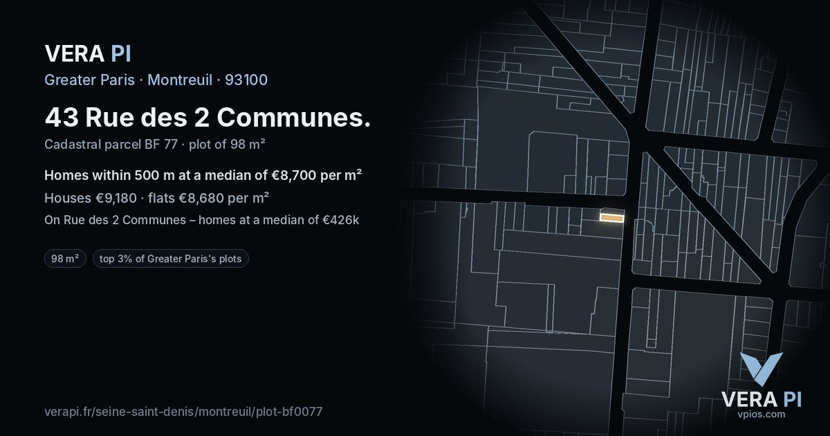 43 Rue des 2 Communes, Montreuil at night – the plot lit, the parcels around coloured by the prices near them