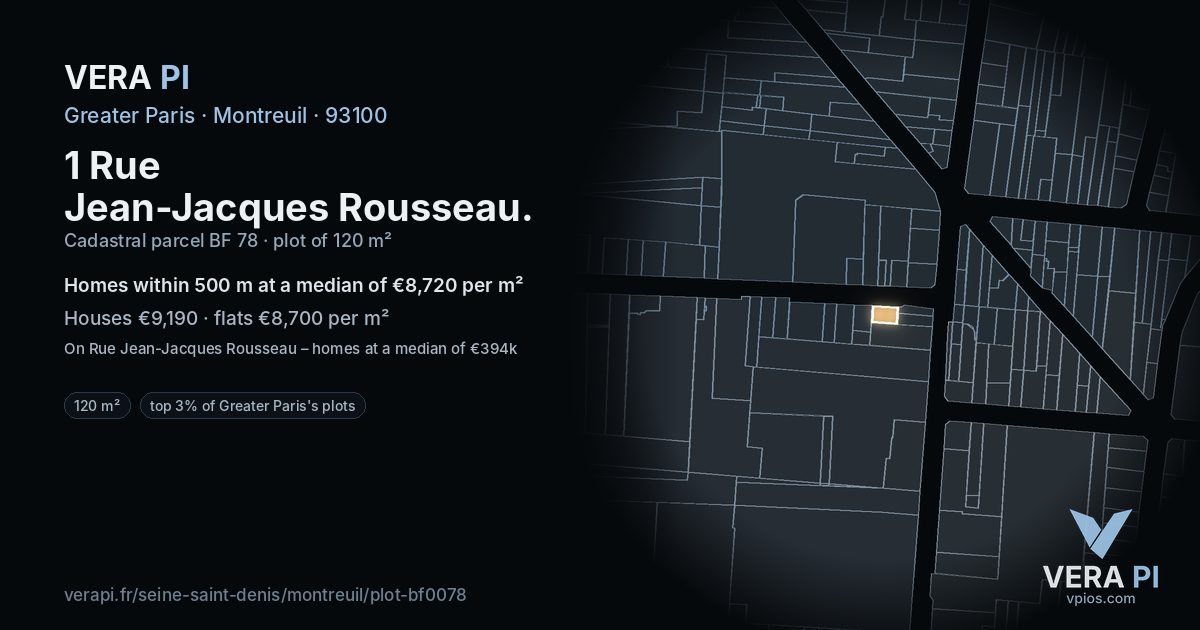 1 Rue Jean-Jacques Rousseau, Montreuil at night – the plot lit, the parcels around coloured by the prices near them