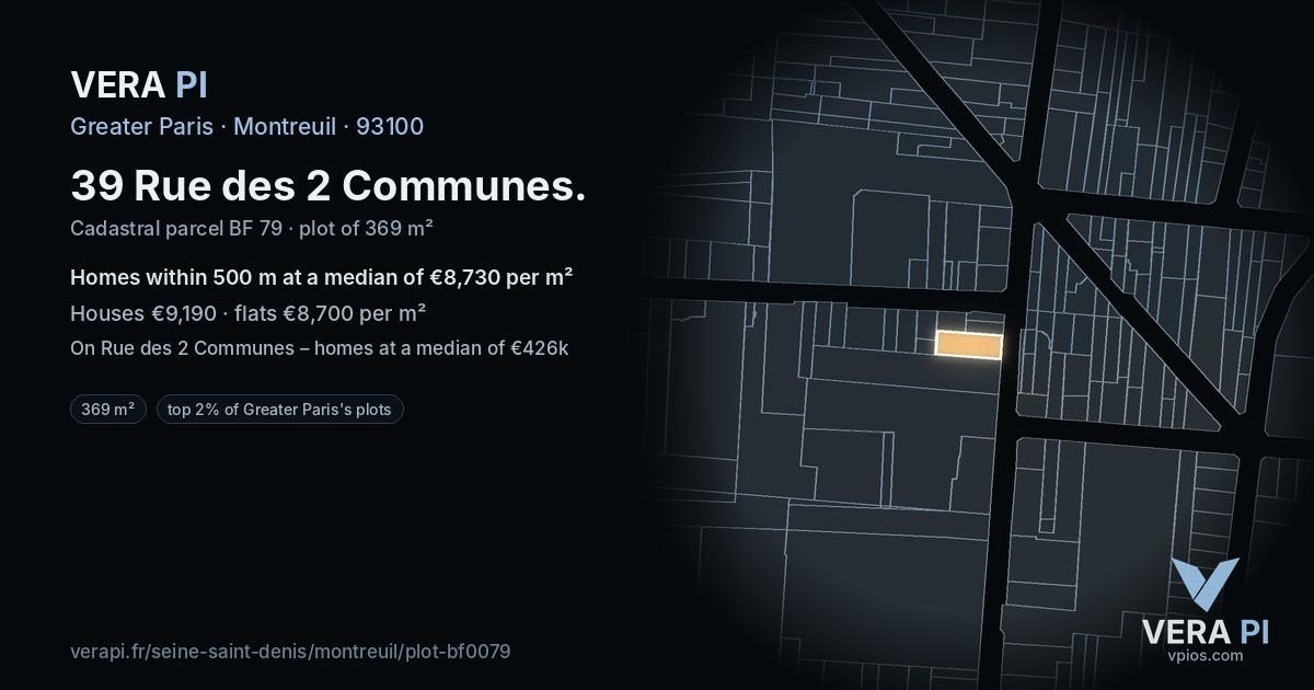 39 Rue des 2 Communes, Montreuil at night – the plot lit, the parcels around coloured by the prices near them