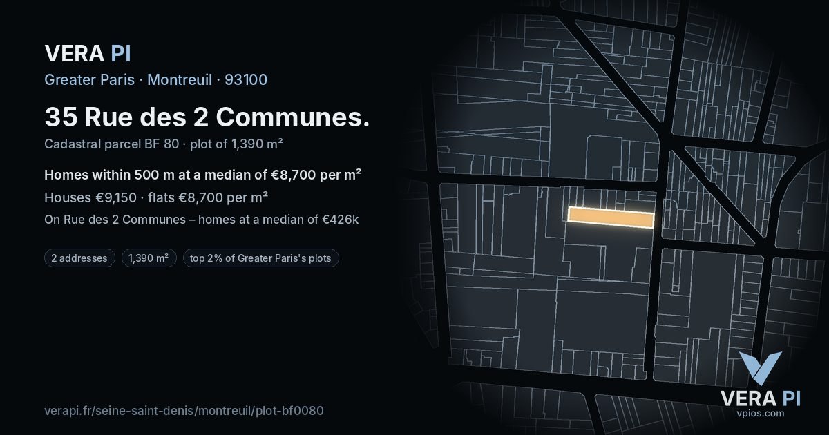 35 Rue des 2 Communes, Montreuil at night – the plot lit, the parcels around coloured by the prices near them