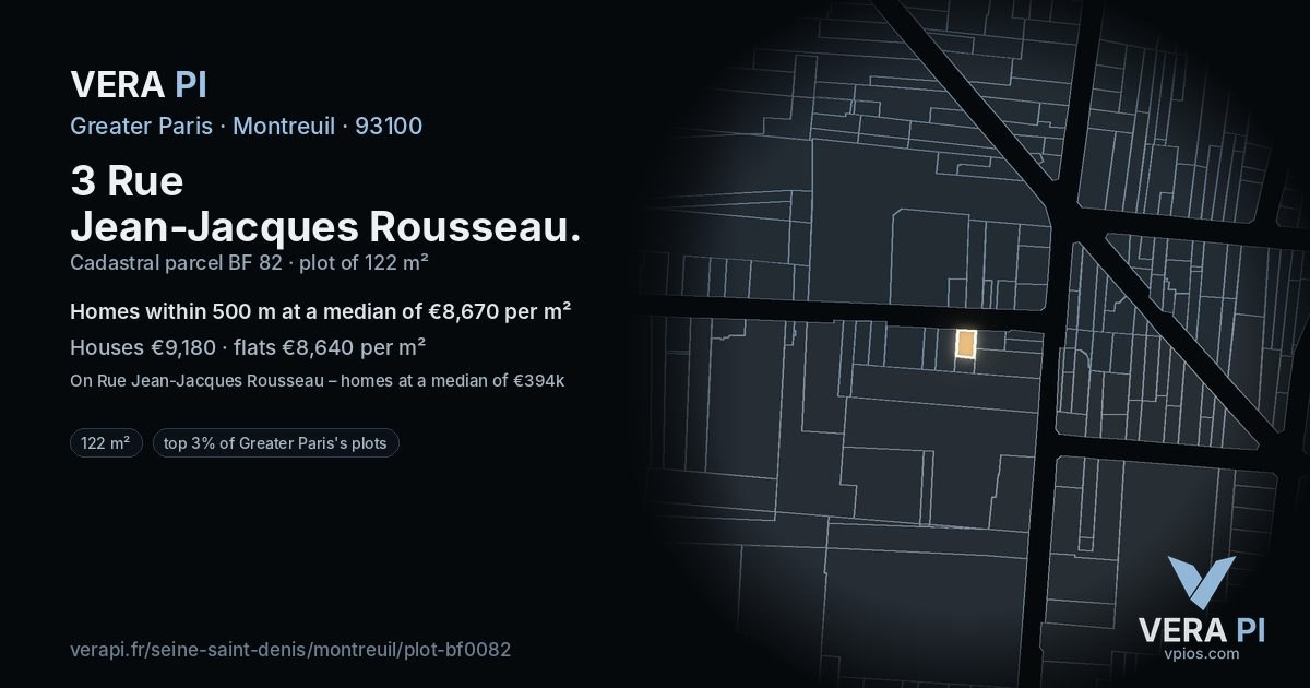 3 Rue Jean-Jacques Rousseau, Montreuil at night – the plot lit, the parcels around coloured by the prices near them