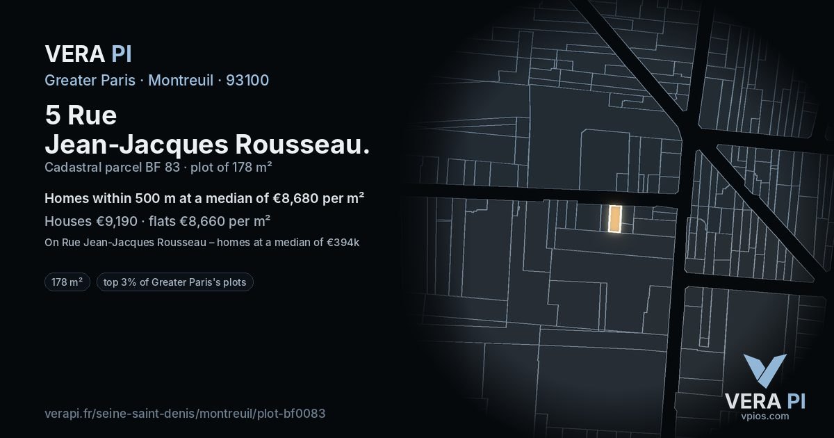 5 Rue Jean-Jacques Rousseau, Montreuil at night – the plot lit, the parcels around coloured by the prices near them
