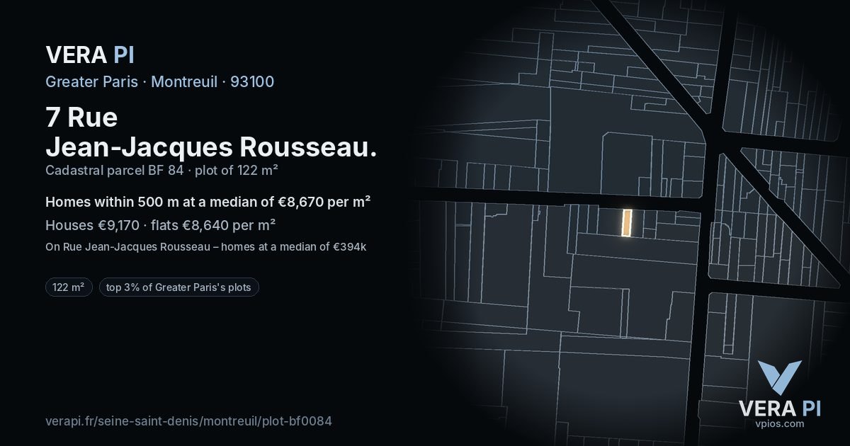 7 Rue Jean-Jacques Rousseau, Montreuil at night – the plot lit, the parcels around coloured by the prices near them