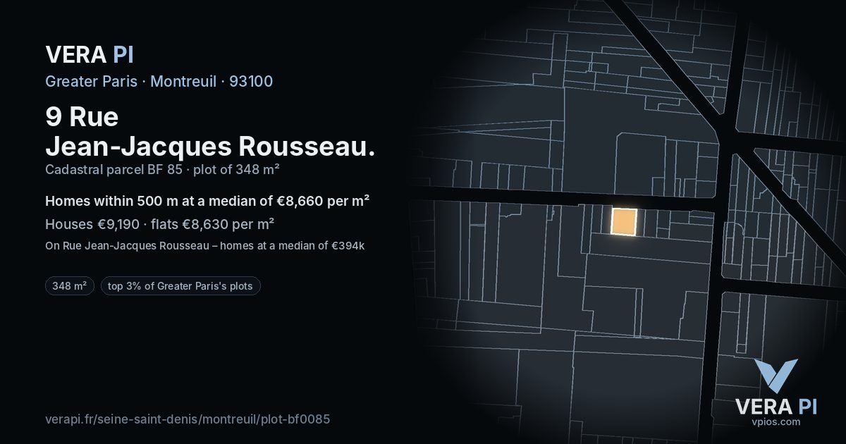 9 Rue Jean-Jacques Rousseau, Montreuil at night – the plot lit, the parcels around coloured by the prices near them