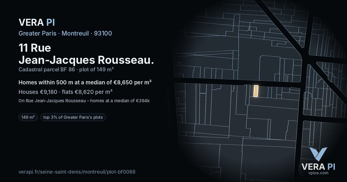 11 Rue Jean-Jacques Rousseau, Montreuil at night – the plot lit, the parcels around coloured by the prices near them