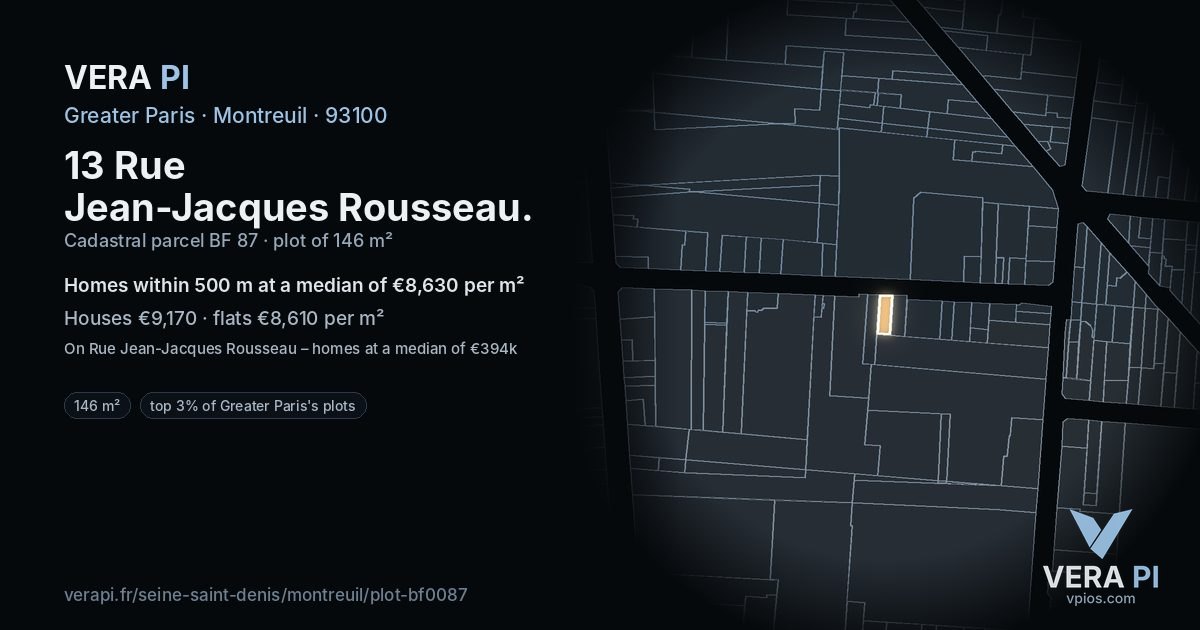 13 Rue Jean-Jacques Rousseau, Montreuil at night – the plot lit, the parcels around coloured by the prices near them