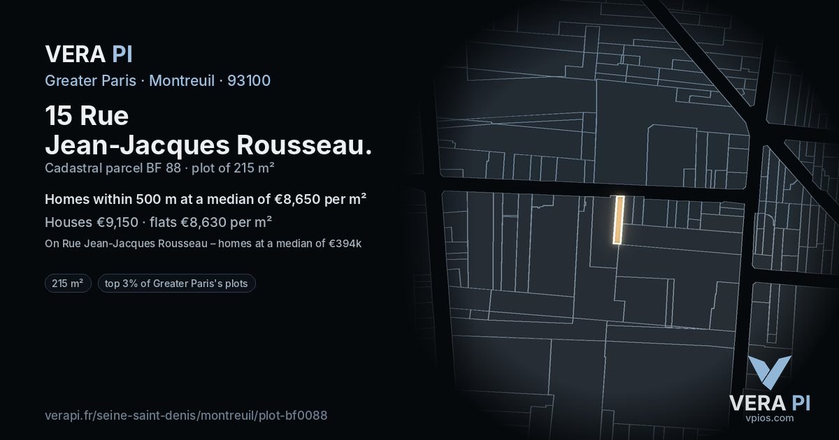 15 Rue Jean-Jacques Rousseau, Montreuil at night – the plot lit, the parcels around coloured by the prices near them