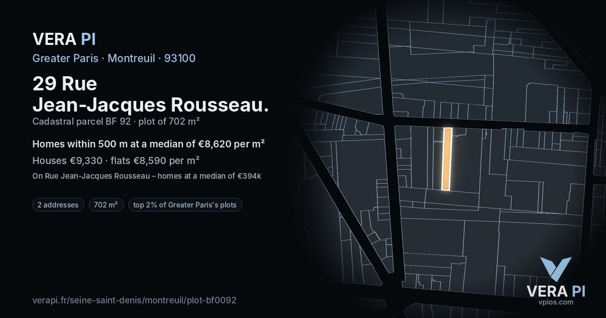 29 Rue Jean-Jacques Rousseau, Montreuil at night – the plot lit, the parcels around coloured by the prices near them
