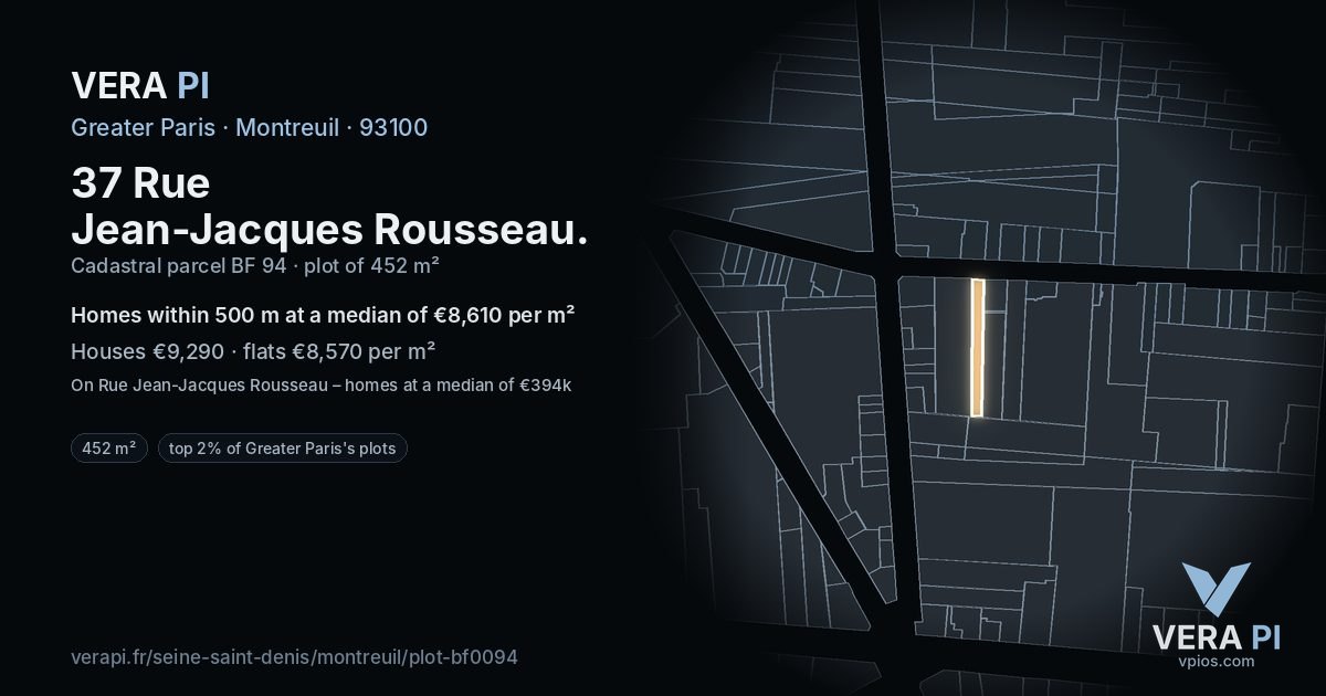 37 Rue Jean-Jacques Rousseau, Montreuil at night – the plot lit, the parcels around coloured by the prices near them