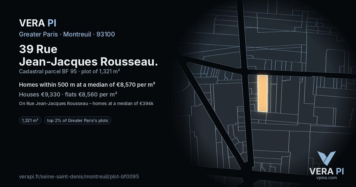 39 Rue Jean-Jacques Rousseau, Montreuil at night – the plot lit, the parcels around coloured by the prices near them