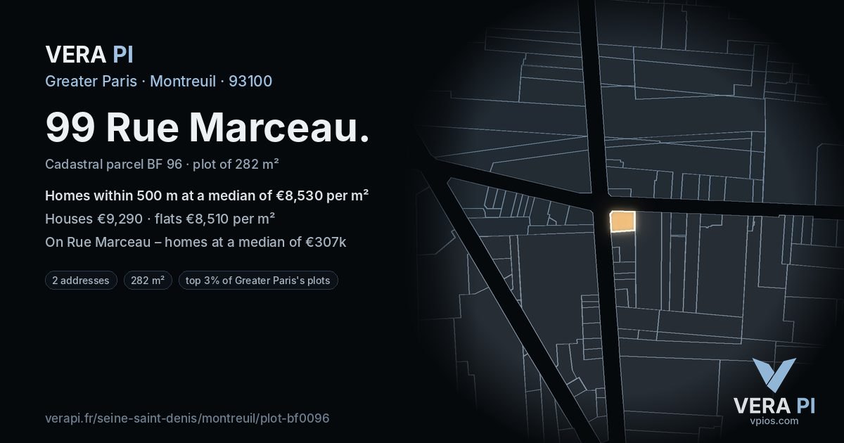 99 Rue Marceau, Montreuil at night – the plot lit, the parcels around coloured by the prices near them