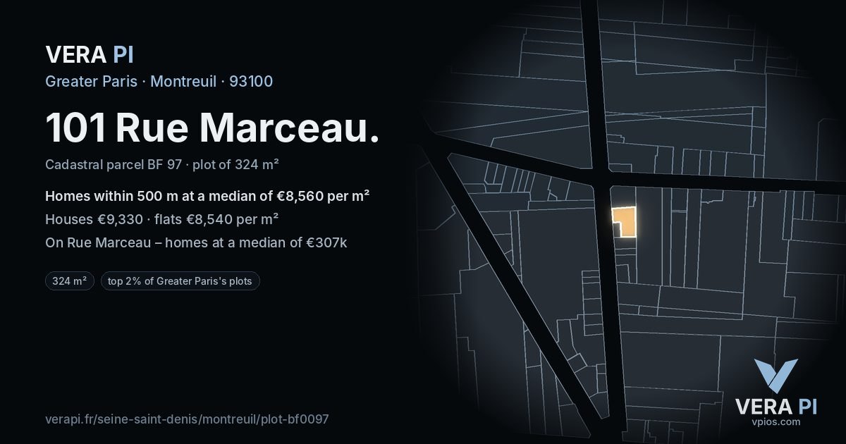 101 Rue Marceau, Montreuil at night – the plot lit, the parcels around coloured by the prices near them