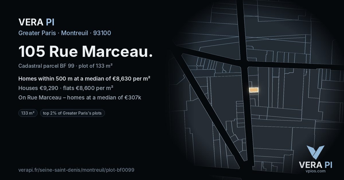 105 Rue Marceau, Montreuil at night – the plot lit, the parcels around coloured by the prices near them