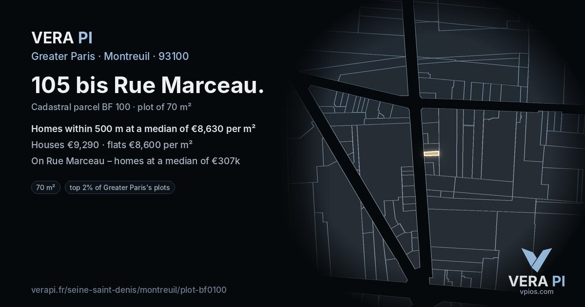 105 bis Rue Marceau, Montreuil at night – the plot lit, the parcels around coloured by the prices near them
