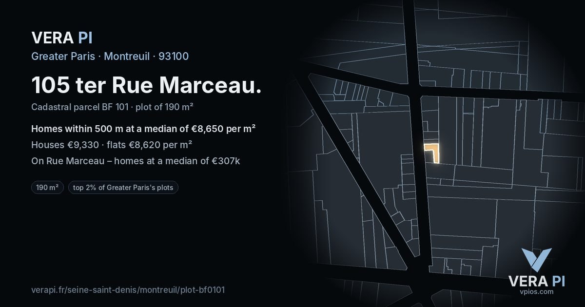 105 ter Rue Marceau, Montreuil at night – the plot lit, the parcels around coloured by the prices near them