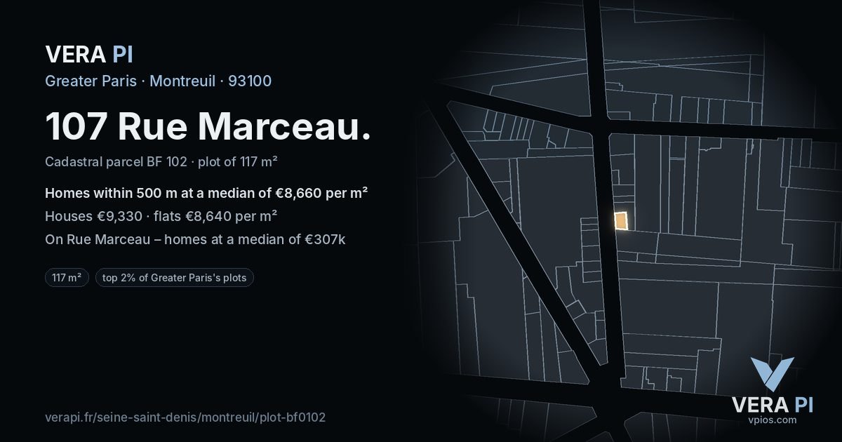 107 Rue Marceau, Montreuil at night – the plot lit, the parcels around coloured by the prices near them