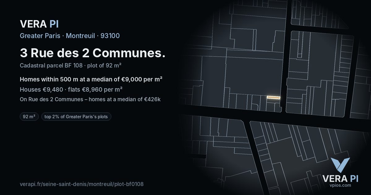 3 Rue des 2 Communes, Montreuil at night – the plot lit, the parcels around coloured by the prices near them