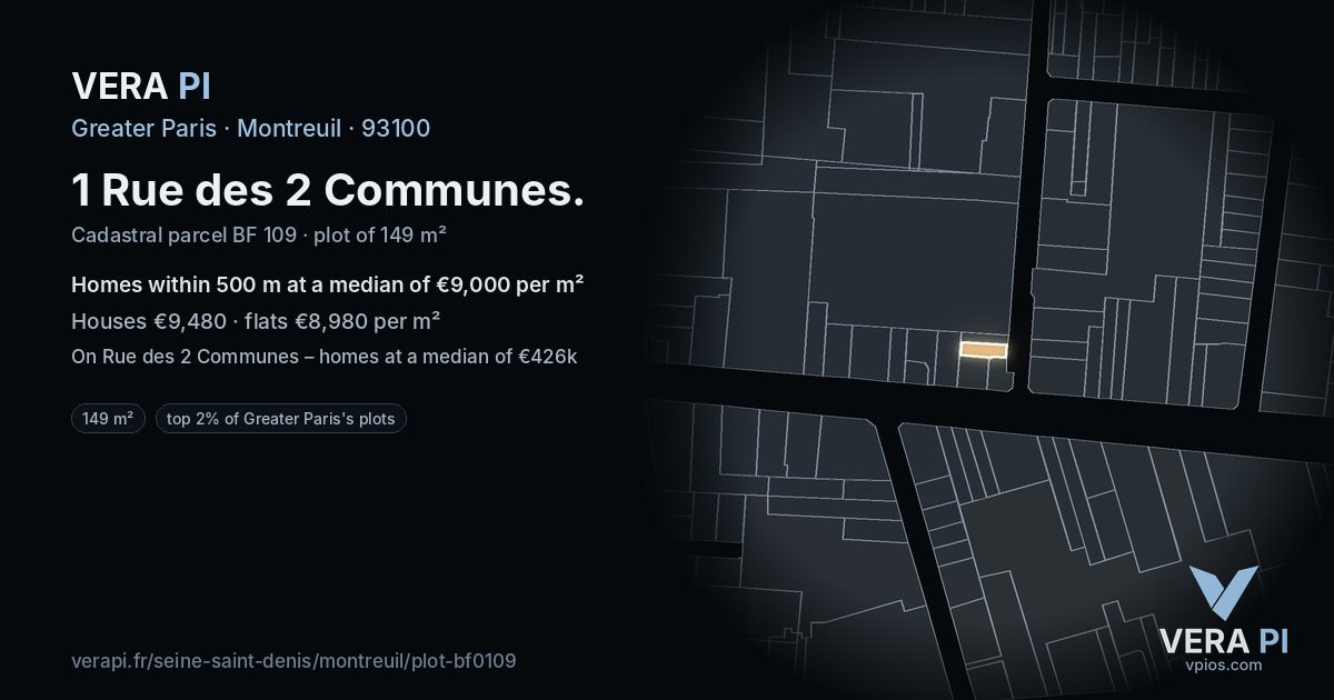 1 Rue des 2 Communes, Montreuil at night – the plot lit, the parcels around coloured by the prices near them