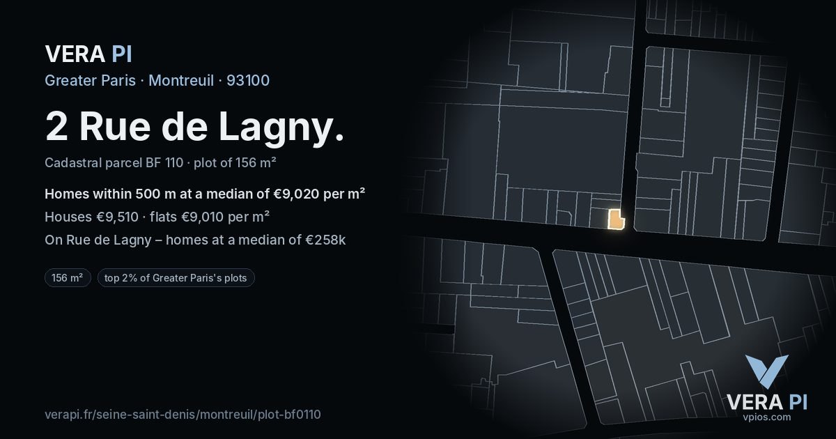 2 Rue de Lagny, Montreuil at night – the plot lit, the parcels around coloured by the prices near them