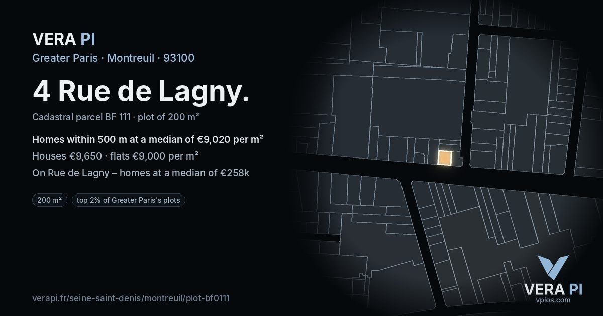 4 Rue de Lagny, Montreuil at night – the plot lit, the parcels around coloured by the prices near them