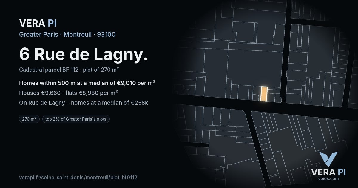 6 Rue de Lagny, Montreuil at night – the plot lit, the parcels around coloured by the prices near them