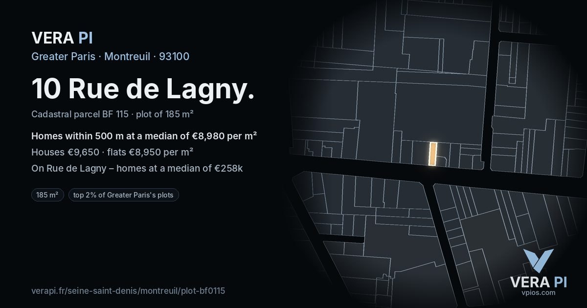 10 Rue de Lagny, Montreuil at night – the plot lit, the parcels around coloured by the prices near them