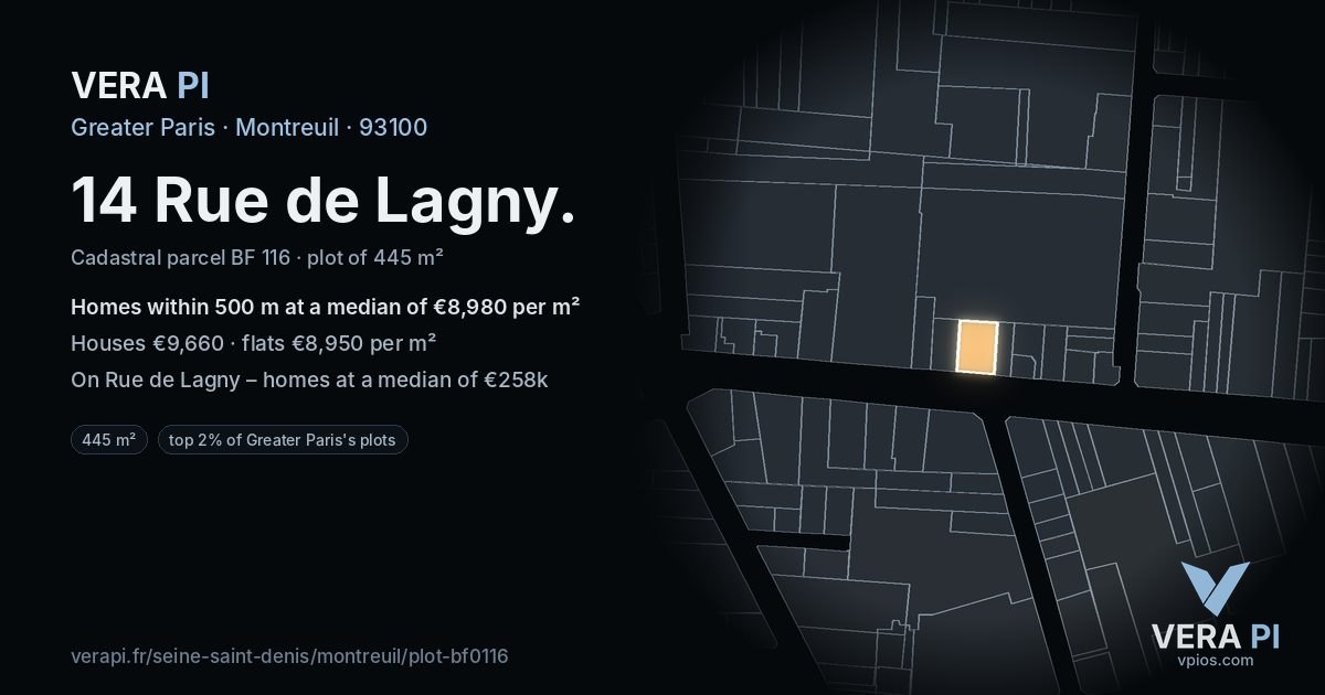 14 Rue de Lagny, Montreuil at night – the plot lit, the parcels around coloured by the prices near them