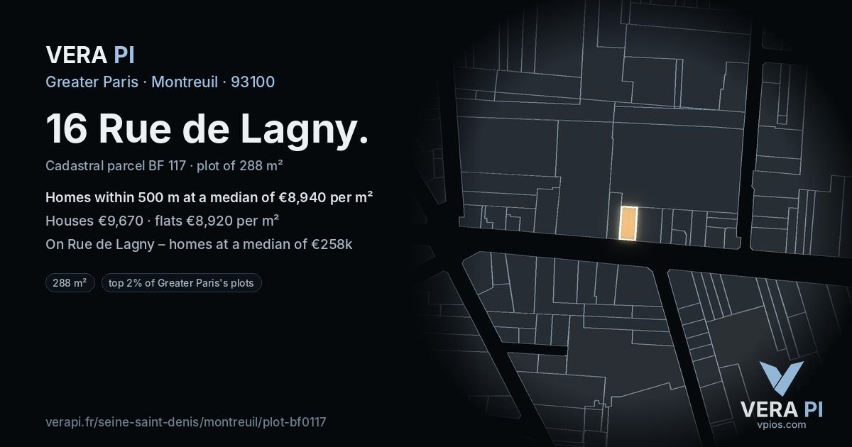 16 Rue de Lagny, Montreuil at night – the plot lit, the parcels around coloured by the prices near them