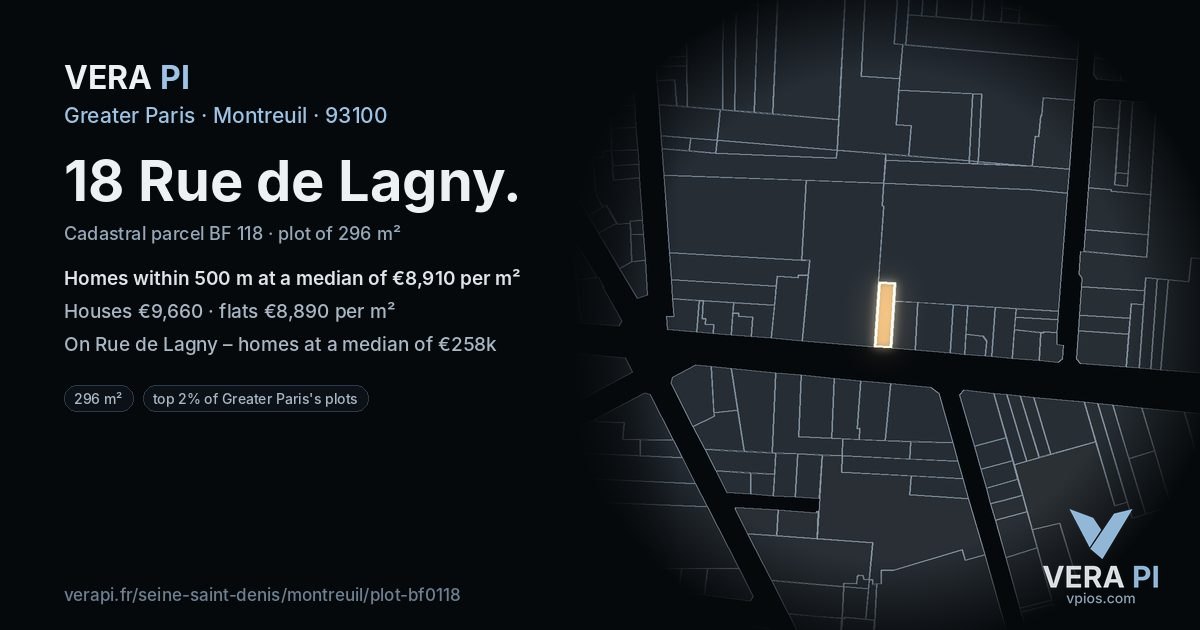 18 Rue de Lagny, Montreuil at night – the plot lit, the parcels around coloured by the prices near them