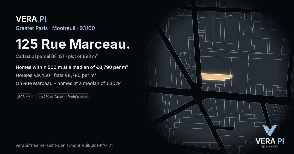 125 Rue Marceau, Montreuil at night – the plot lit, the parcels around coloured by the prices near them