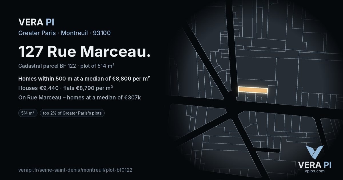 127 Rue Marceau, Montreuil at night – the plot lit, the parcels around coloured by the prices near them