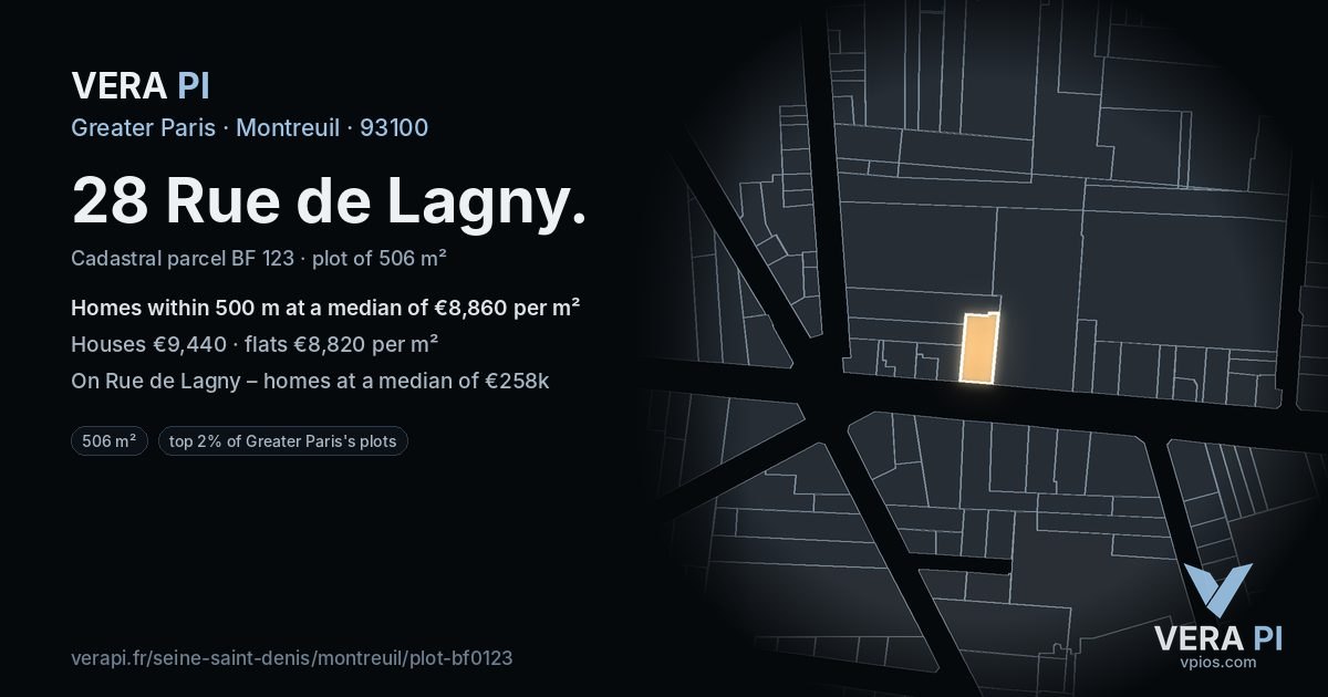 28 Rue de Lagny, Montreuil at night – the plot lit, the parcels around coloured by the prices near them