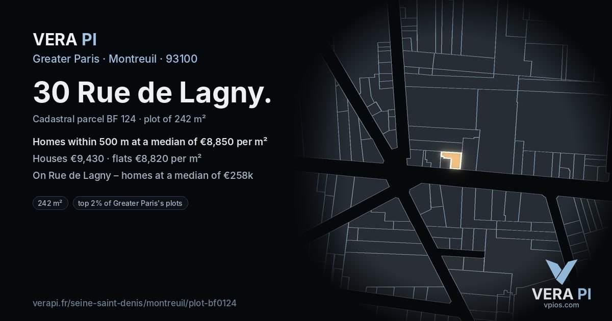 30 Rue de Lagny, Montreuil at night – the plot lit, the parcels around coloured by the prices near them