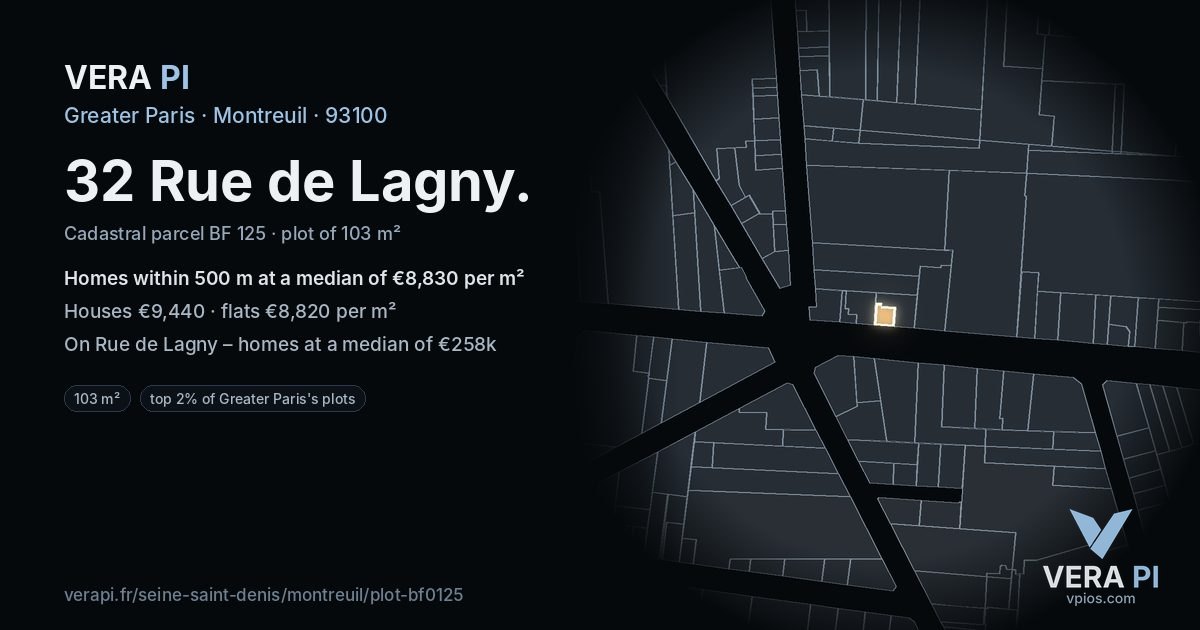 32 Rue de Lagny, Montreuil at night – the plot lit, the parcels around coloured by the prices near them