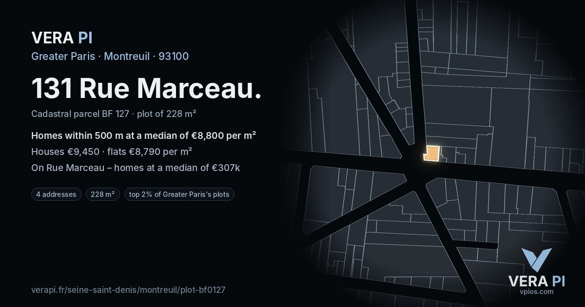 131 Rue Marceau, Montreuil at night – the plot lit, the parcels around coloured by the prices near them