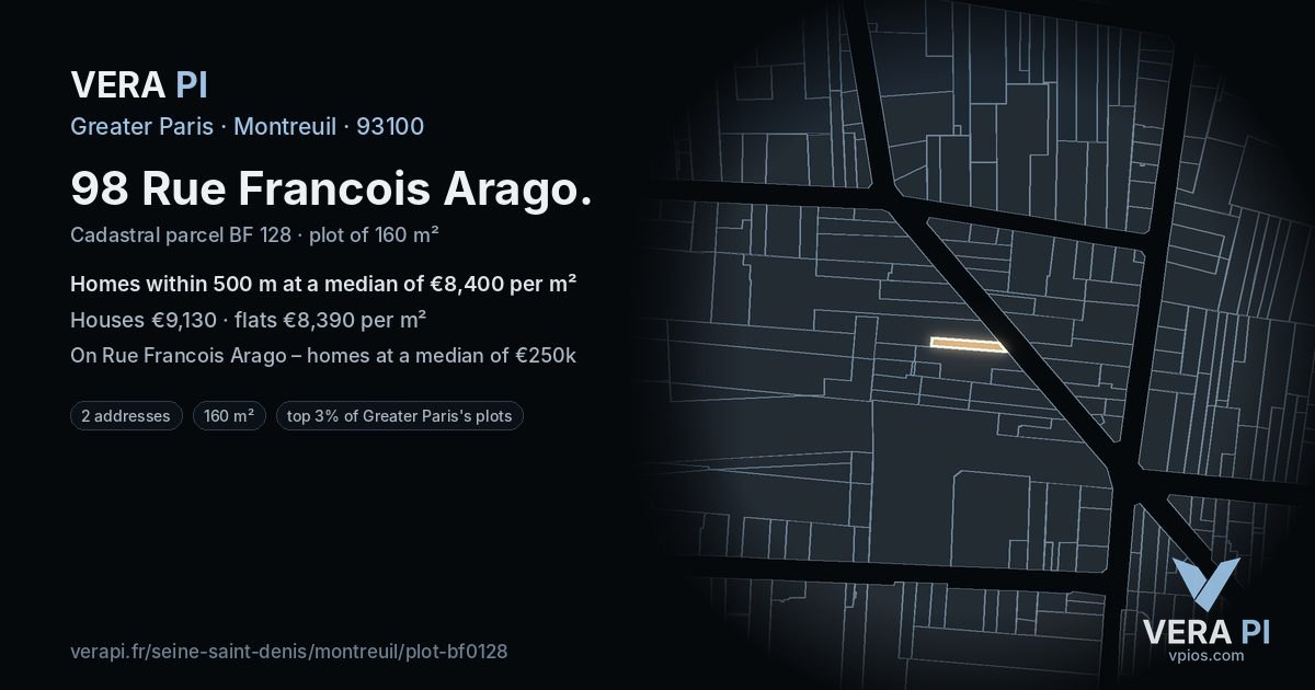 98 Rue Francois Arago, Montreuil at night – the plot lit, the parcels around coloured by the prices near them