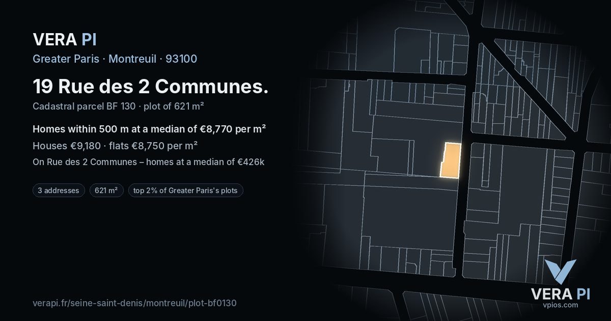 19 Rue des 2 Communes, Montreuil at night – the plot lit, the parcels around coloured by the prices near them
