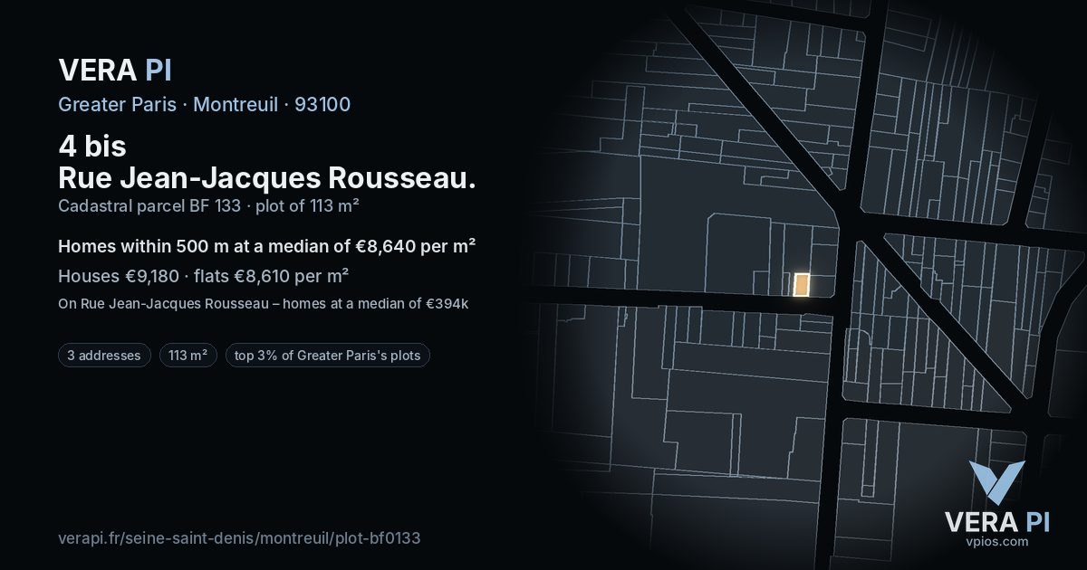 4 bis Rue Jean-Jacques Rousseau, Montreuil at night – the plot lit, the parcels around coloured by the prices near them