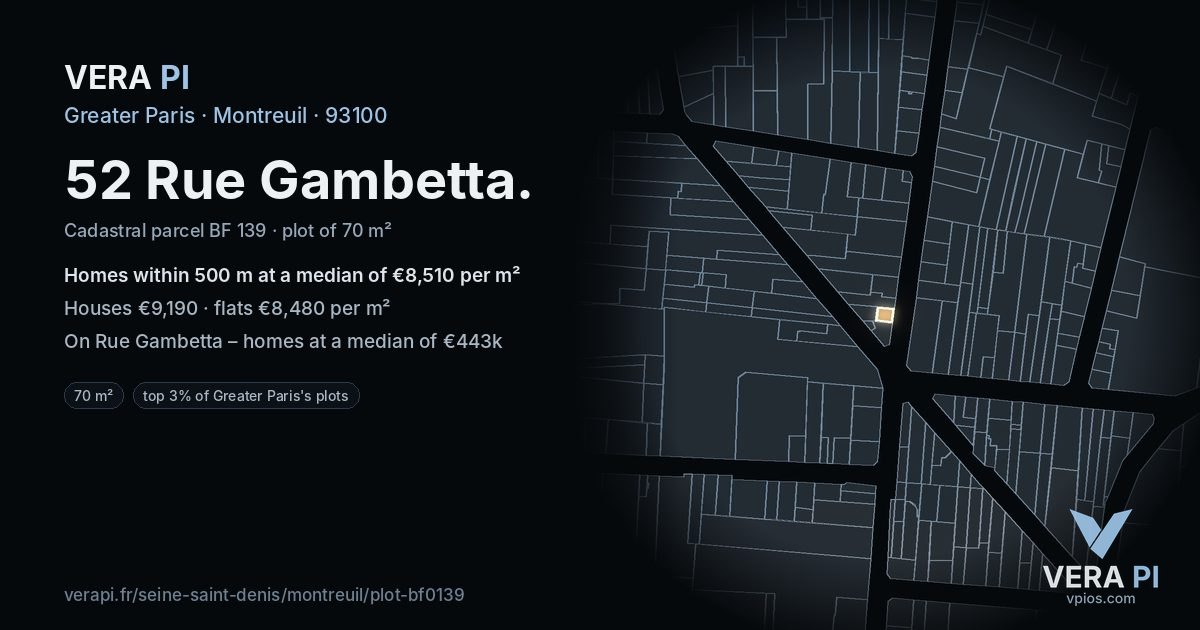 52 Rue Gambetta, Montreuil at night – the plot lit, the parcels around coloured by the prices near them