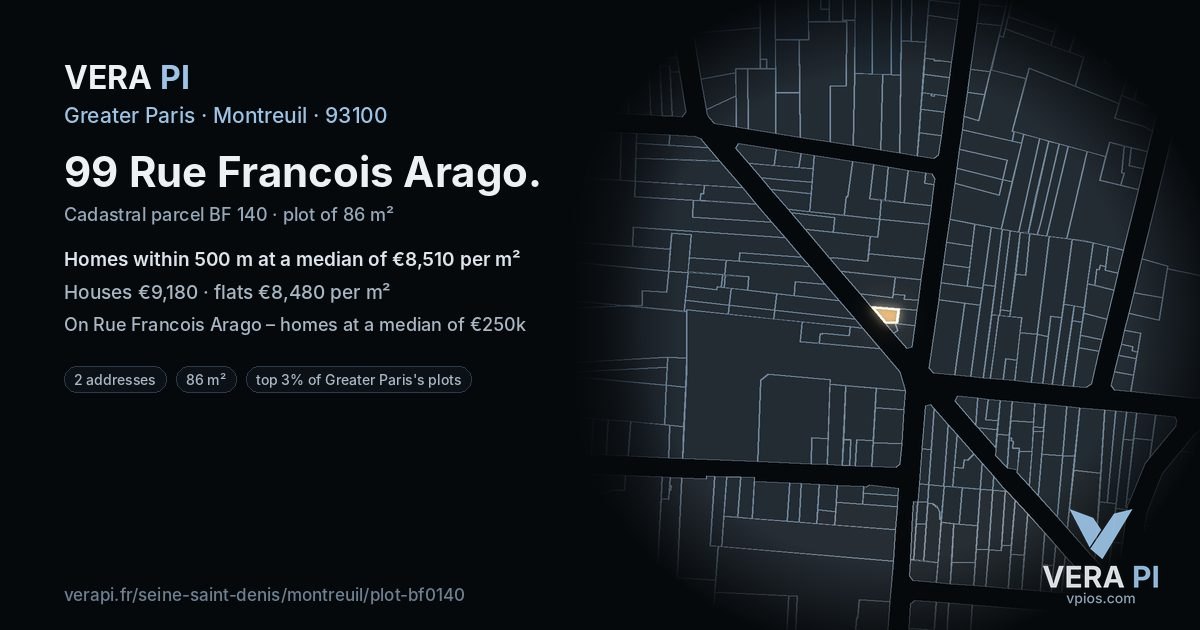 99 Rue Francois Arago, Montreuil at night – the plot lit, the parcels around coloured by the prices near them