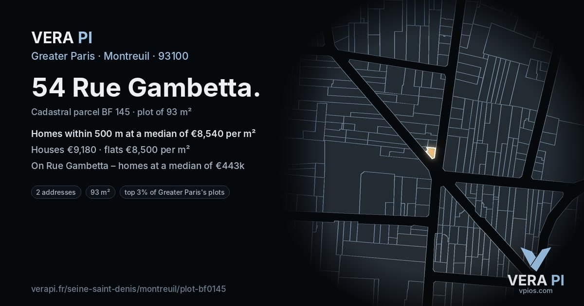 54 Rue Gambetta, Montreuil at night – the plot lit, the parcels around coloured by the prices near them