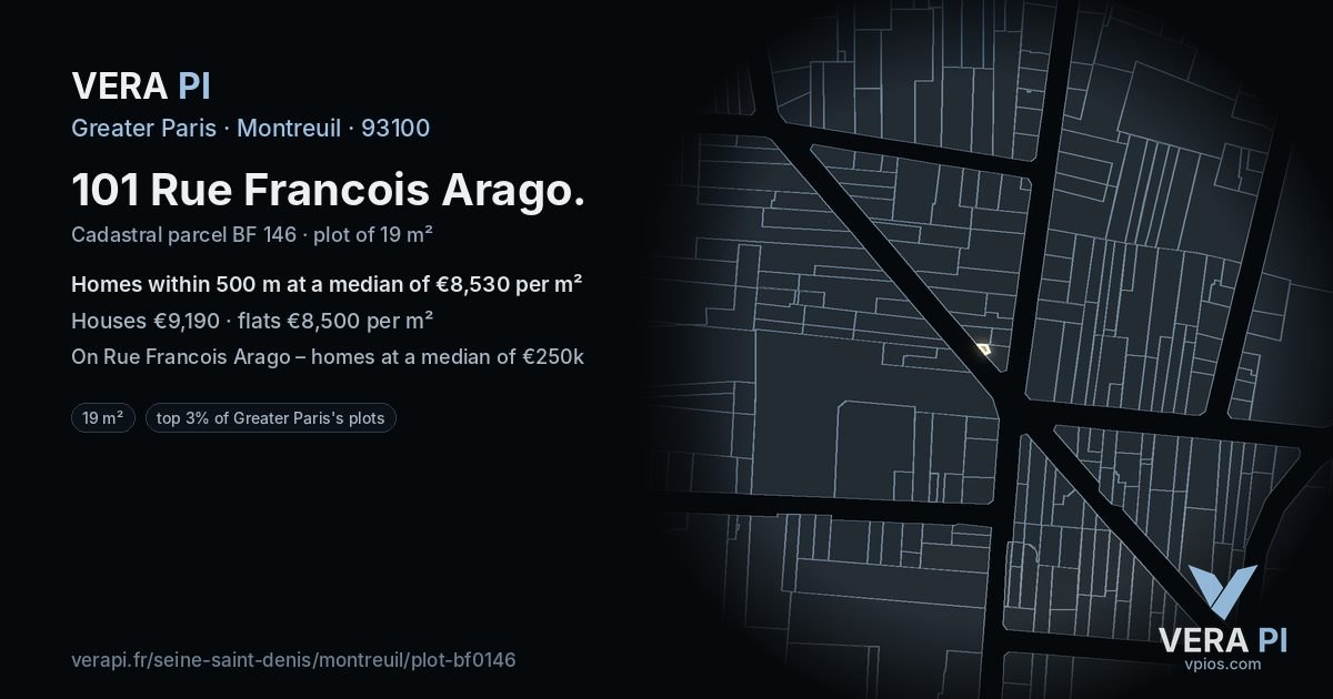 101 Rue Francois Arago, Montreuil at night – the plot lit, the parcels around coloured by the prices near them