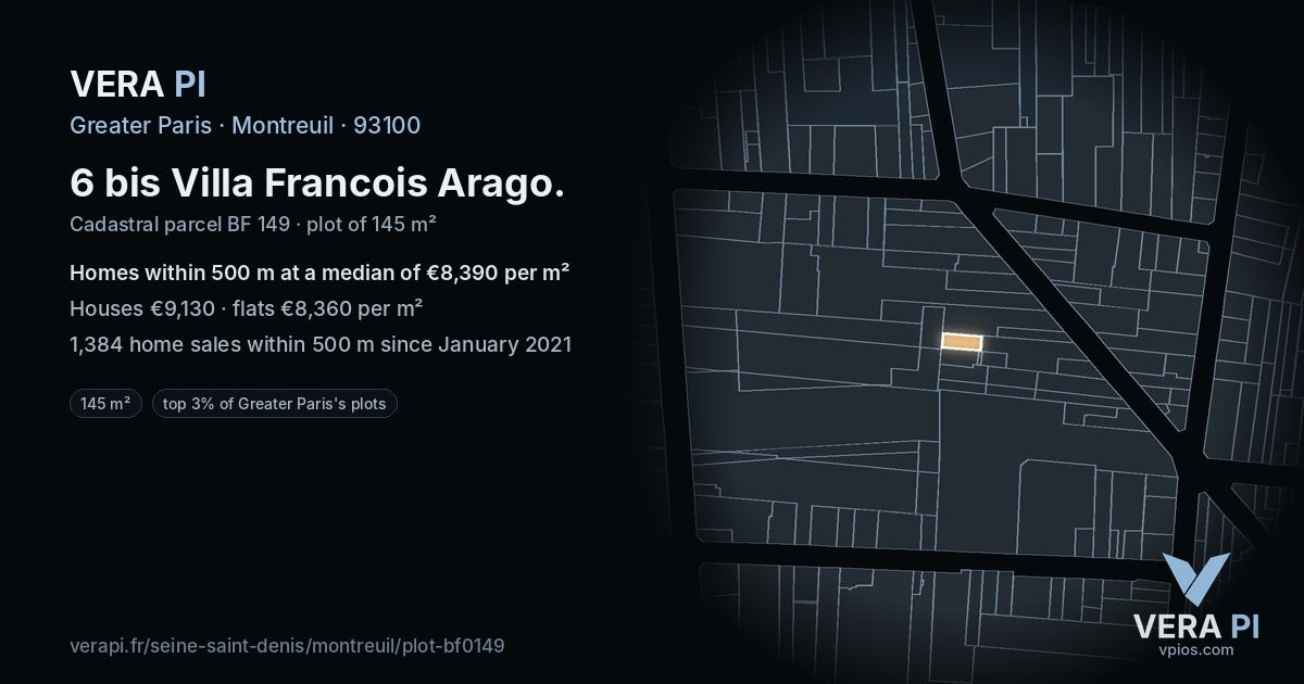 6 bis Villa Francois Arago, Montreuil at night – the plot lit, the parcels around coloured by the prices near them