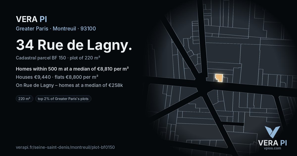 34 Rue de Lagny, Montreuil at night – the plot lit, the parcels around coloured by the prices near them