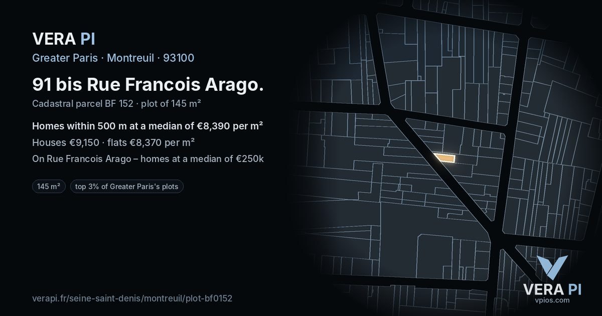 91 bis Rue Francois Arago, Montreuil at night – the plot lit, the parcels around coloured by the prices near them