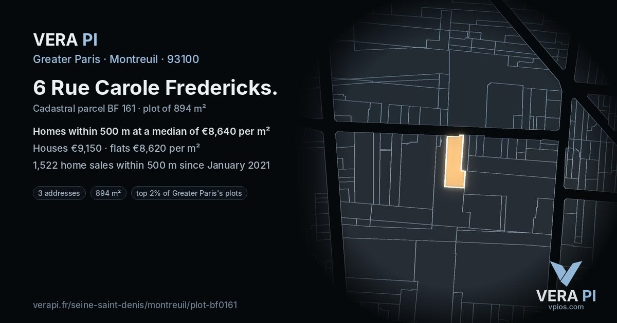 6 Rue Carole Fredericks, Montreuil at night – the plot lit, the parcels around coloured by the prices near them
