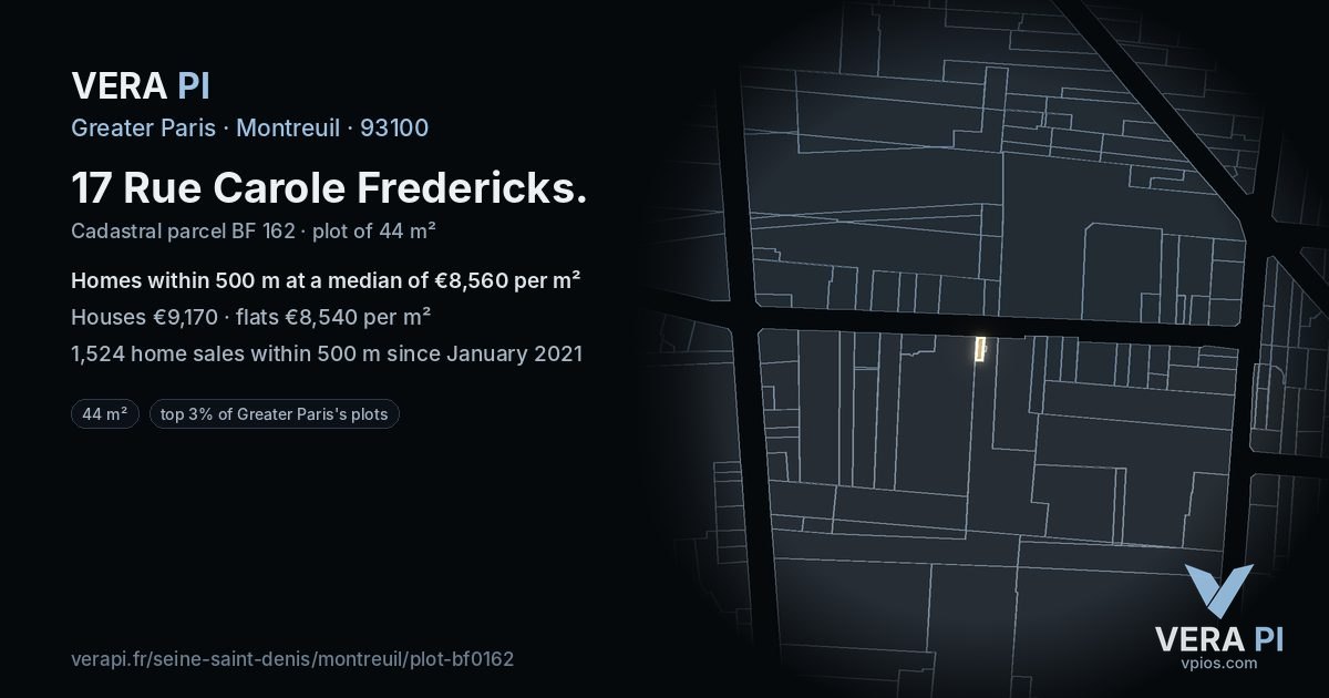 17 Rue Carole Fredericks, Montreuil at night – the plot lit, the parcels around coloured by the prices near them